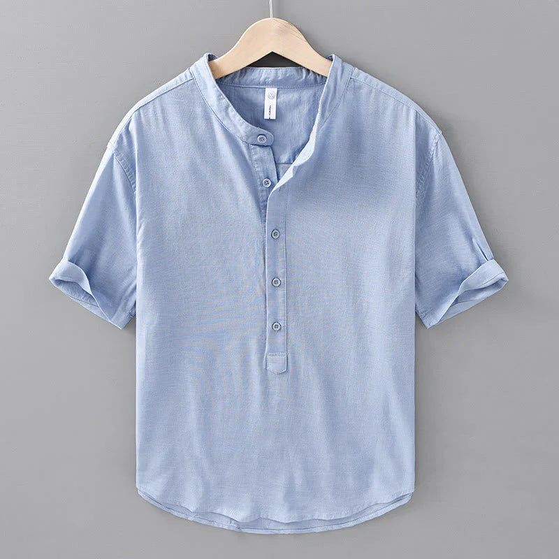 Buddha Stones Summer Solid Color Men's Half Button Short Sleeve Cotton Linen Shirt
