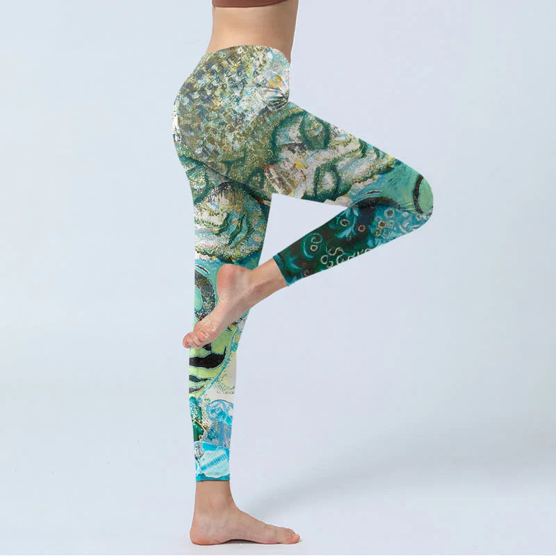 Buddha Stones Om Symbol Human Figure Peacock Lotus Pattern Print Gym Leggings Women's Yoga Pants