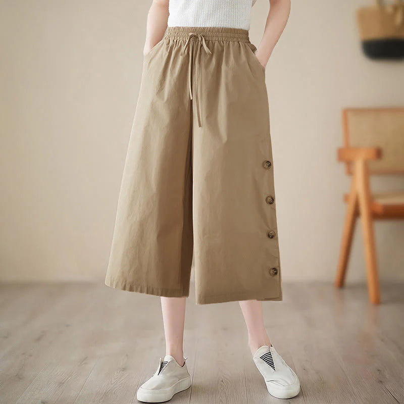 Buddha Stones Plain Buttoned Side Design Capri Cropped Women's Wide Leg Pants With Pockets
