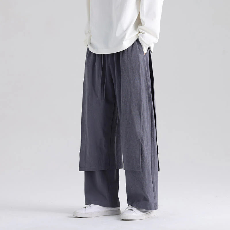 Buddha Stones Plain Patchwork Design Men's Cotton Pants With Pockets