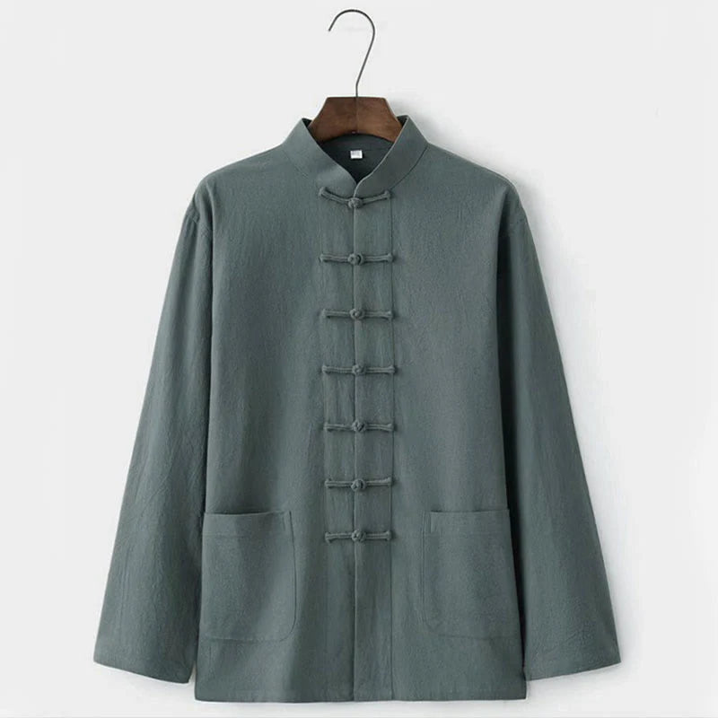 Buddha Stones 2Pcs Tang Suit Traditional Frog-Button Uniform Long Sleeve Shirt Pants Men's Set