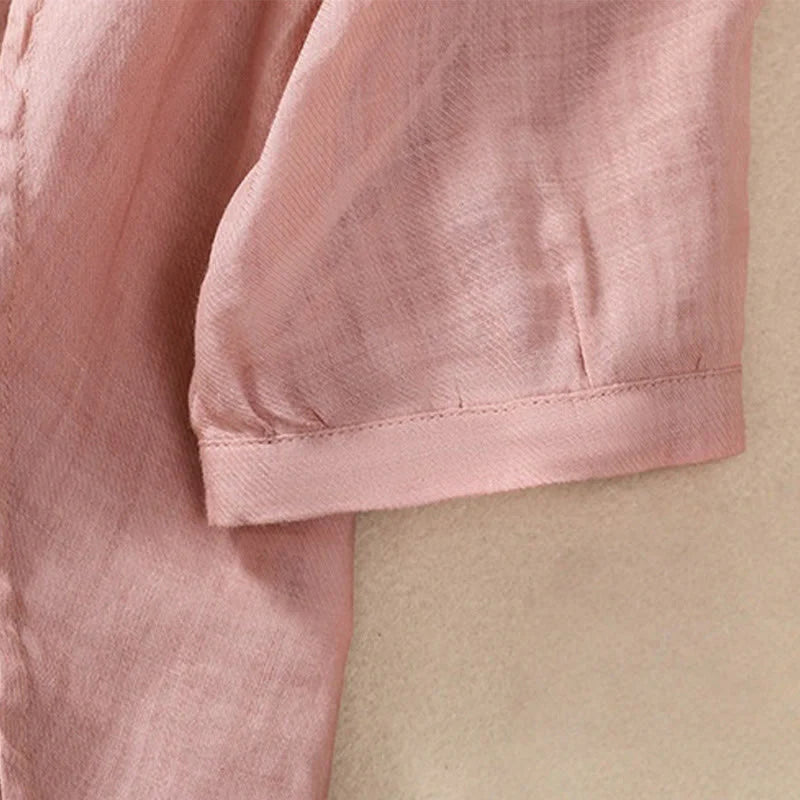 Buddha Stones Casual Daily Plain Button Ruffled Design Stand Collar Women's Cotton Linen Three Quarter Sleeve Shirt Cardigan