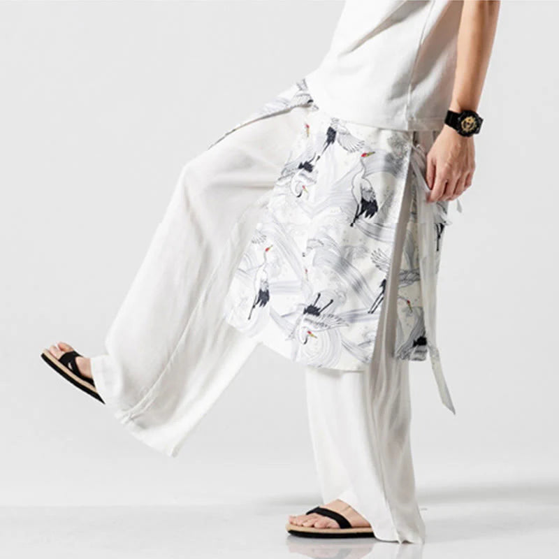 Buddha Stones Summer Flying Crane Design Cotton Men's Wide Leg Pants With Pockets