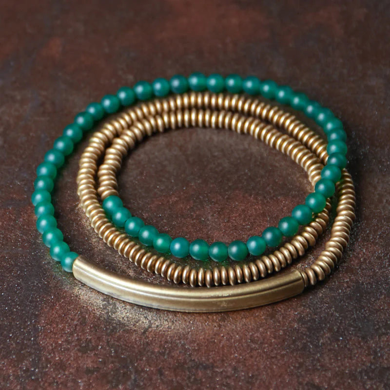 Buddha Stones Tibetan Various Agate Stone Copper Protection Triple Wrap Bracelet