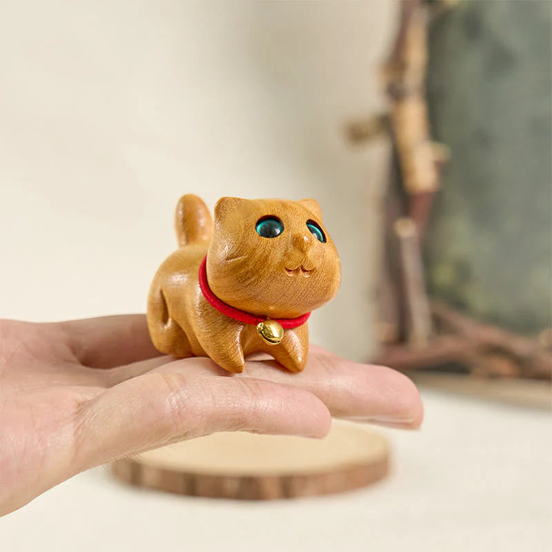 Buddha Stones Mini Sandalwood Carved Lucky Confident Cat Healing Decoration