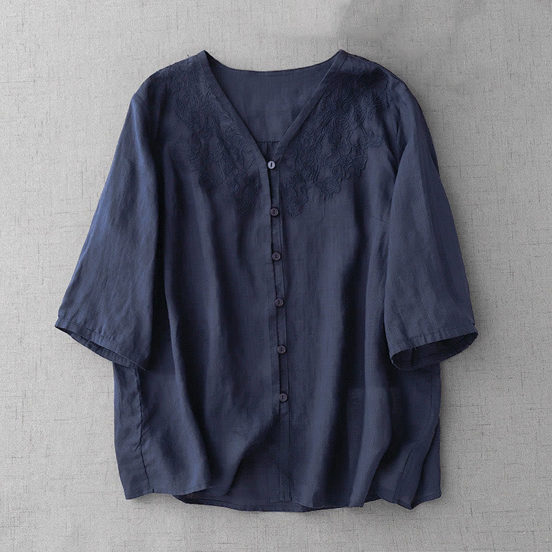 Buddha Stones Artistic Pure Color Embroidered Front Button Design Women's Cotton Half Sleeve Shirt Cardigan