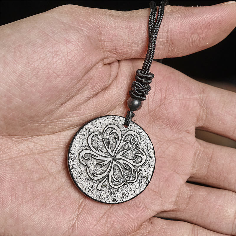 Buddha Stones Four Leaf Clover Authentic Shungite Stone Graphite Stone Protection Necklace Pendant