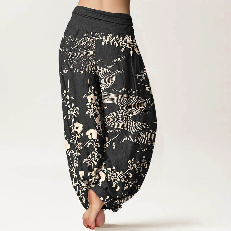 Buddha Stones Pure Cotton Simple Flowers Stream Pattern Women's Elastic Waist Harem Pants