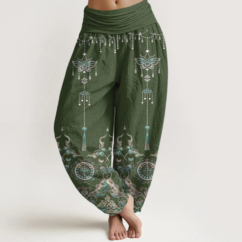 Buddha Stones Cotton Classic Jewelry Butterfly Flower Tassel Pattern Women's Elastic Waist Harem Pants