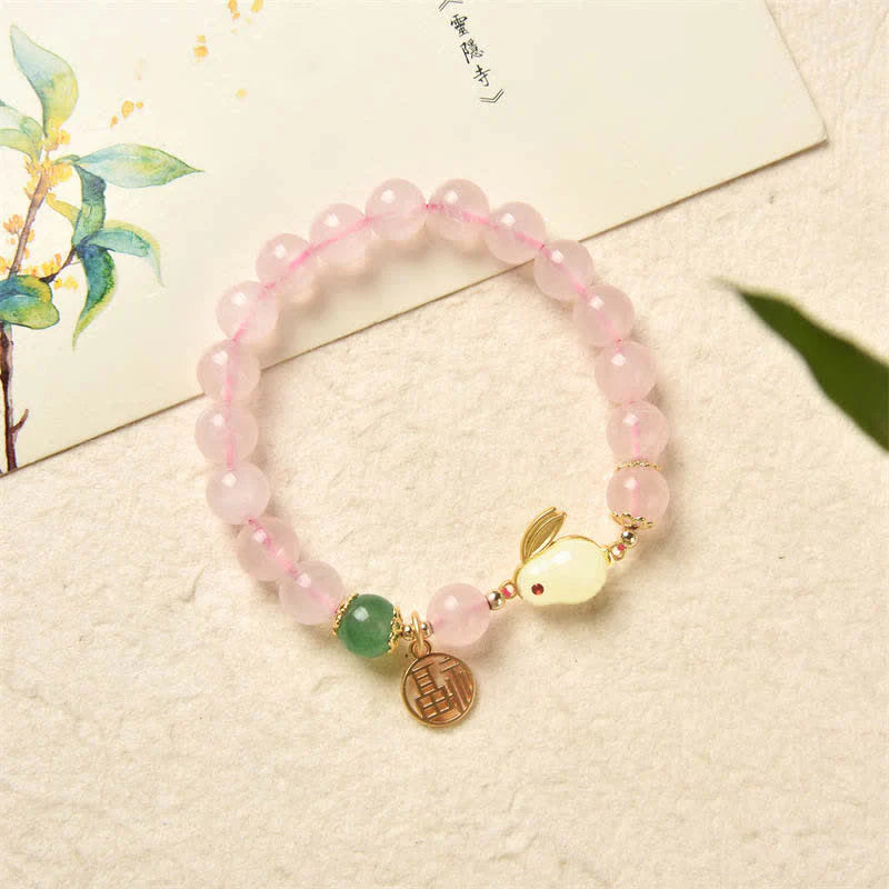 Year of the Rabbit Natural Pink Crystal Green Agate Bunny Love Happiness Bracelet