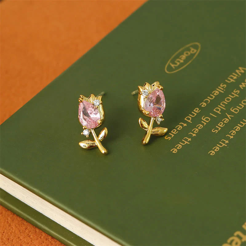Buddha Stones Pink Purple Tulip Zircon Copper Healing Stud Earrings