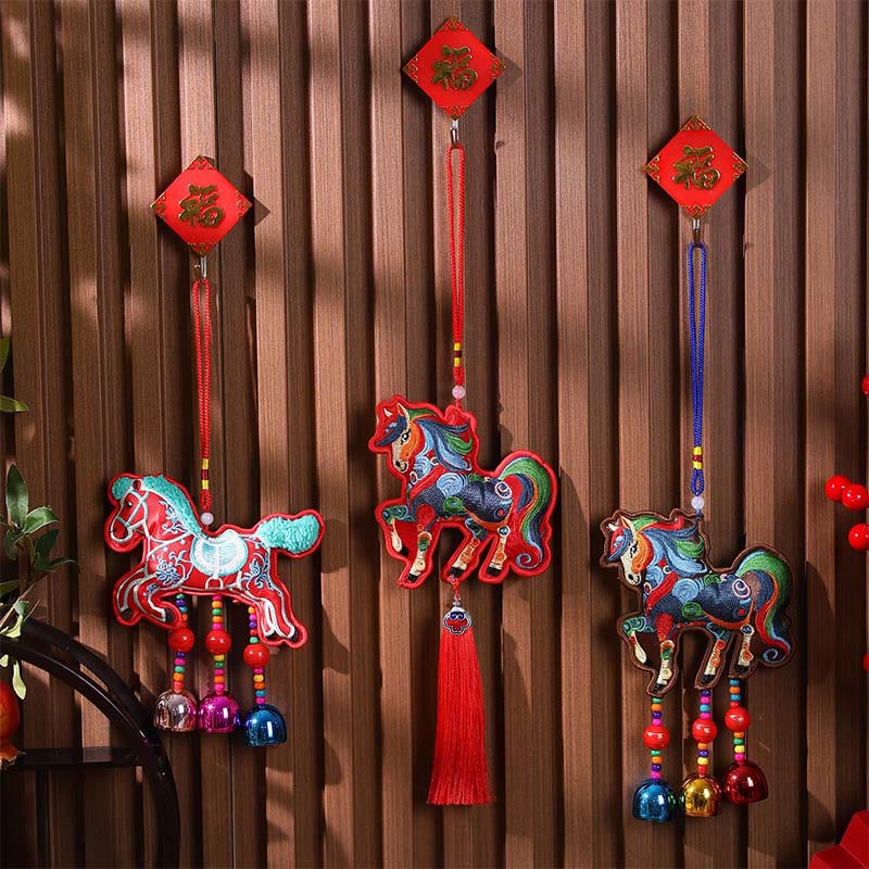 Buddha Stones Year Of The Horse Embroidery Bell Tassel Hanging Decoration