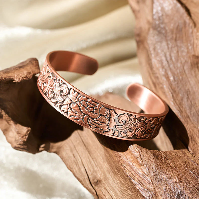 Buddha Stones Copper Flower Open Balance Luck Adjustable Cuff Bracelet Bangle
