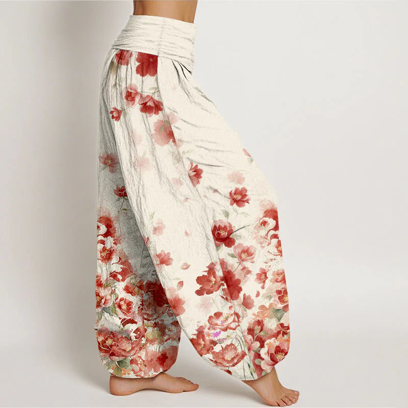 Buddha Stones Cotton Camellia Peony Blossom Pattern Women's Elastic Waist Harem Pants