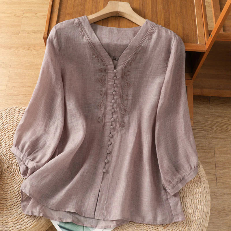 Buddha Stones Casual Embroidery Single Breasted Button Polyester Half Sleeve Women's V-neck Shirt
