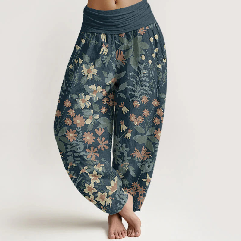 Buddha Stones Cotton Casual Daisy Flowers Leaves Design Women's Elastic Waist Harem Pants