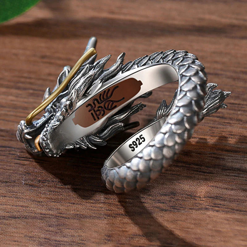 Buddha Stones 925 Sterling Silver Vintage Dragon Design Protection Strength Adjustable Ring  (Extra 30% Off | USE CODE: FS30)