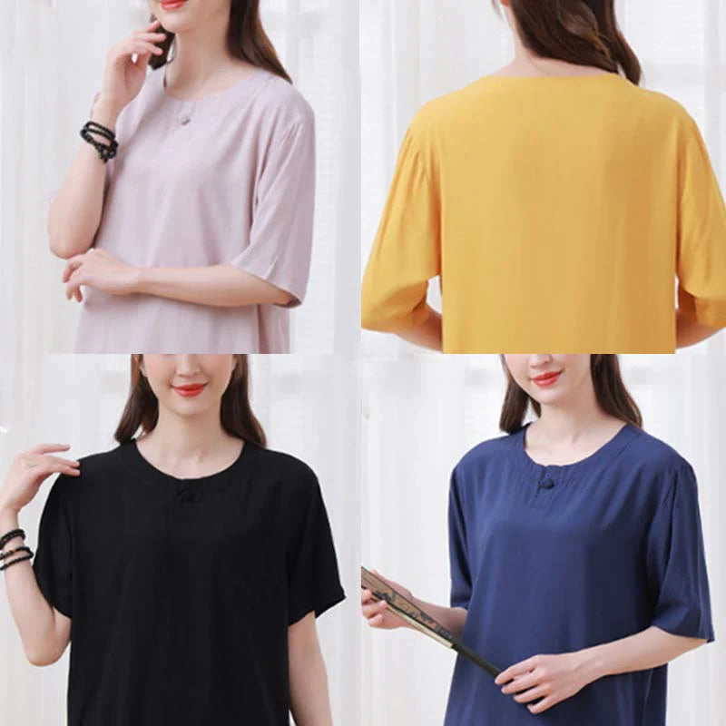 Buddha Stones 2pcs Plain Color Frog-Button Simple Design Crew Neck Design Half Sleeve Shirt Top Elastic Waist Pants Meditation Zen Tai Chi Cotton Clothing Women's Set