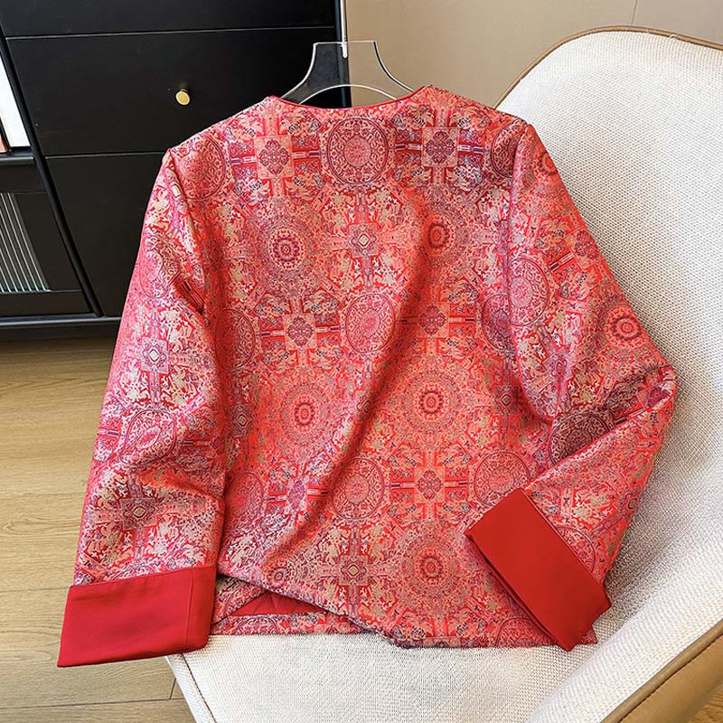 Buddha Stones Women's Jacquard Symmetric Floral Pattern Long Sleeve Jacket With Pockets