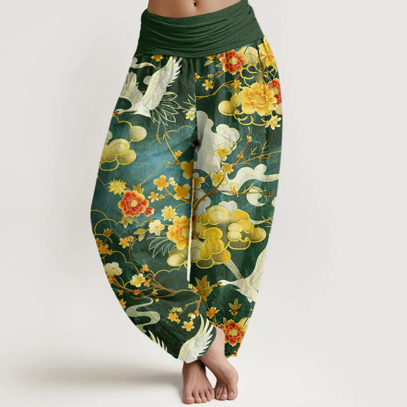 Buddha Stones Cotton Auspicious Clouds White Cranes Red Flowers Pattern Design Women's Elastic Waist Harem Pants