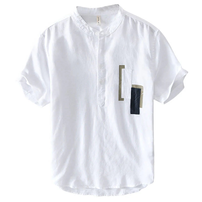Buddha Stones Daily Plain Patch Color Matching Design Men's Short Sleeve Cotton Linen Shirt