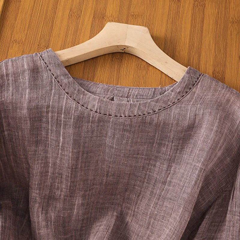 Buddha Stones Casual Summer Plain Crew Neck Women's  Cotton Linen Three Quarter Sleeve T-Shirt
