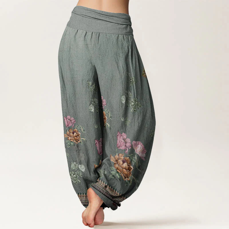 Buddha Stones Cotton Casual Plant Peony Petals Pattern Women's Elastic Waist Harem Pants