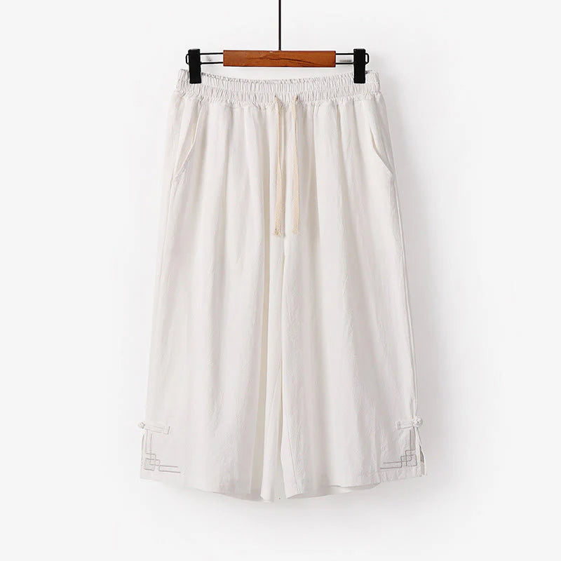 Buddha Stones Plain Drawstring Design Men's Capri Cropped Cotton Linen Wide Leg Pants With Pockets