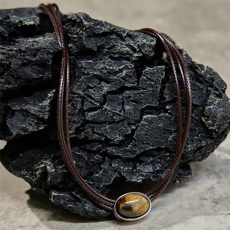 Buddha Stones Natural Tiger Eye Ellipse Protection Wax Rope Necklace Pendant