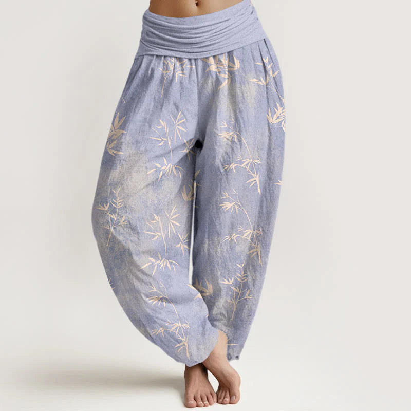 Buddha Stones Cotton Simple Bamboo Leaves Pattern Women's Elastic Waist Harem Pants