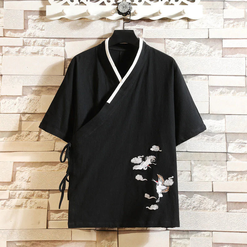 Buddha Stones Embroidered Crane Auspicious Cloud Pattern Open Front Short Sleeve Jacket Men's Cotton Kimono