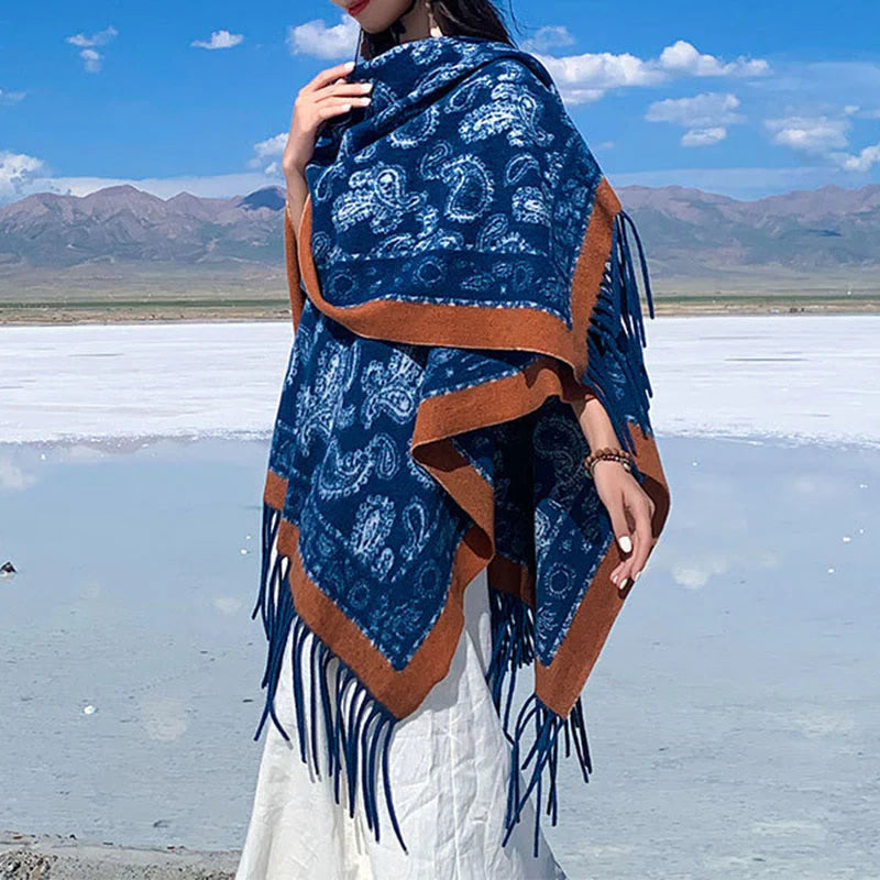 Buddha Stones Navy Paisley Pattern Patchwork Design Tassel Scarf Shawl