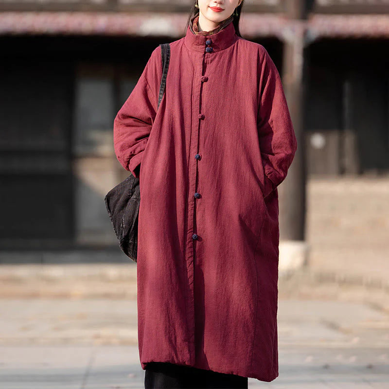 Buddha Stones Winter Solid Frog-Button Ramie Cotton Women's Long Sleeve Thermal Coat With Pockets