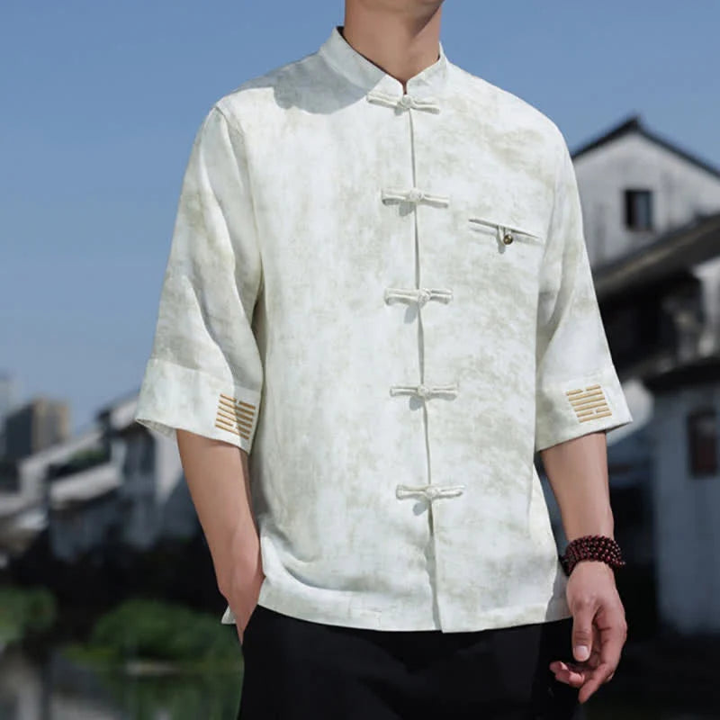 Buddha Stones Frog-Button Mottled Pattern Embroidery Short Sleeve Tang Suit Men's Linen Shirt