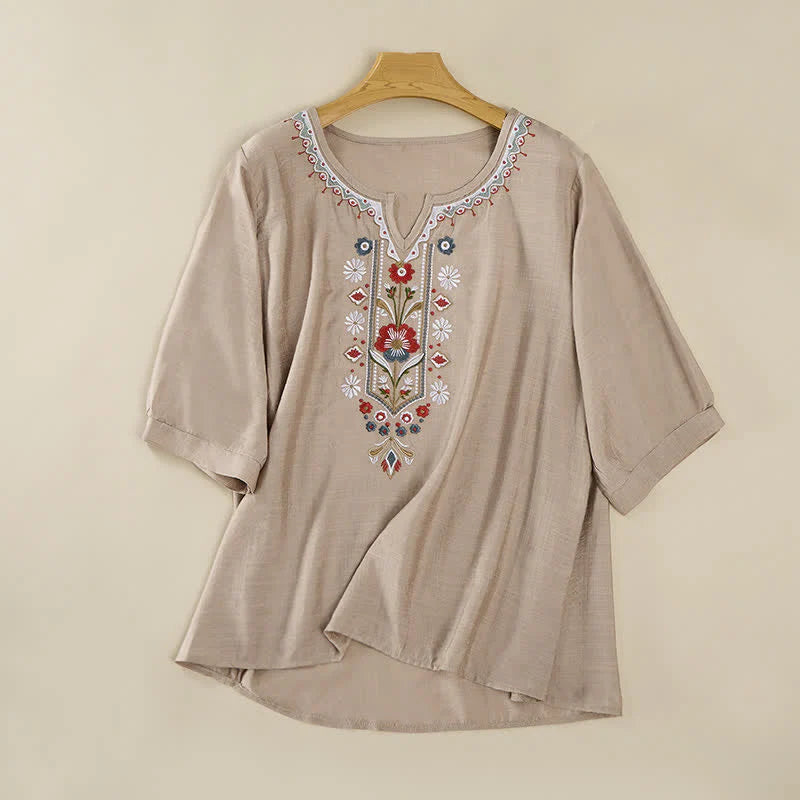 Buddha Stones Spring Boho Embroidered Cotton Linen Elbow-Length Sleeve Women's T-Shirts