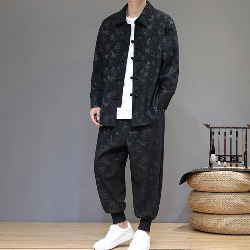 Buddha Stones 2Pcs Winter Thick Bamboo Men's Tang Suit Frog-Button Cotton Corduroy Long Sleeve Jacket Pants Set With Pockets