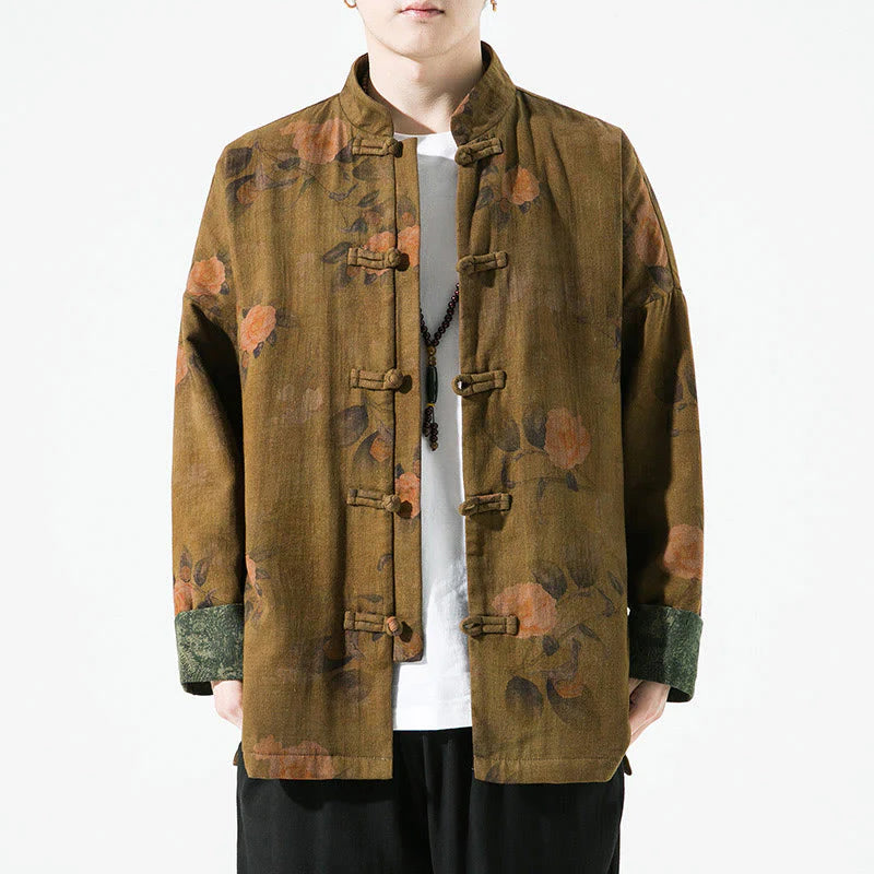 Buddha Stones Spring Printed Floral Pattern Men's Chinese Frog-button Long Sleeve Cotton Jacket