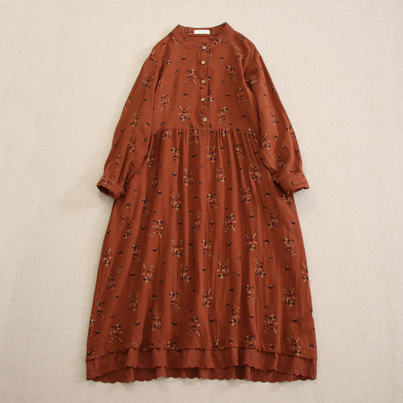 Buddha Stones Spring Small Floral Print Buttons Design Crew Neck Long Sleeve Midi Dress With Pockets