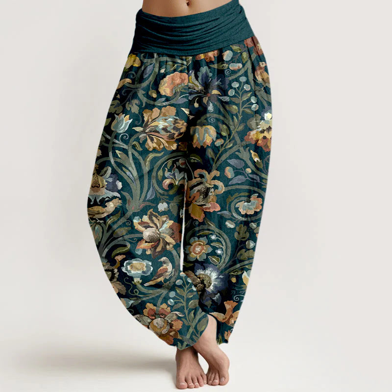 Buddha Stones Cotton Retro Flowers Vines Bird Pattern Women's Elastic Waist Harem Pants