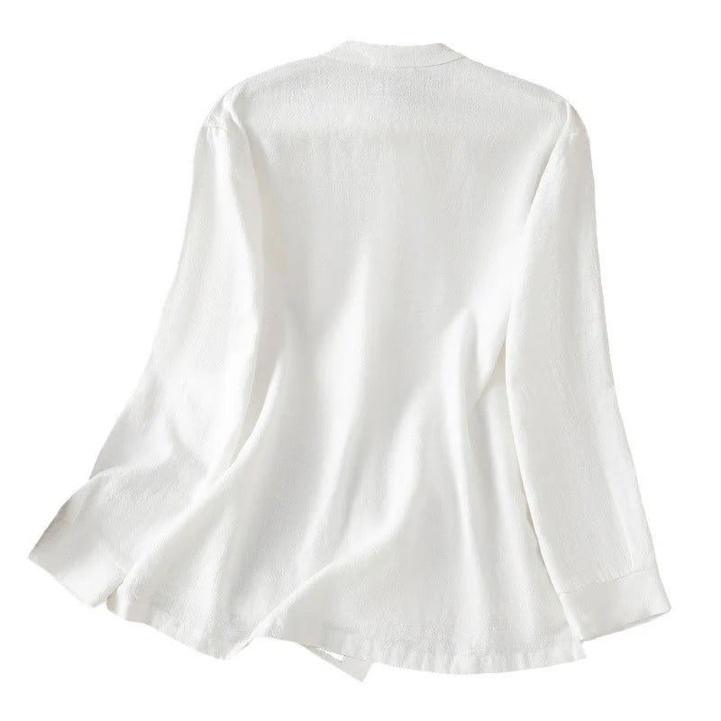 Buddha Stones Spring Solid Color Simple Hem Slit Design Cotton Linen Women's Shirt
