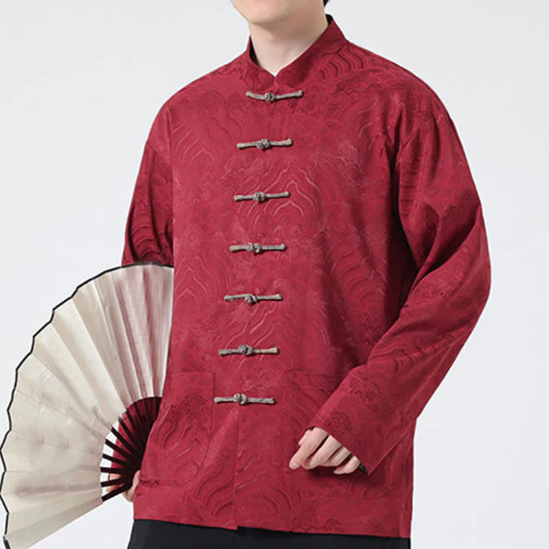 Buddha Stones Frog-Button Mountain Wave Pattern Long Sleeve Men's Cotton Jacket With Pockets