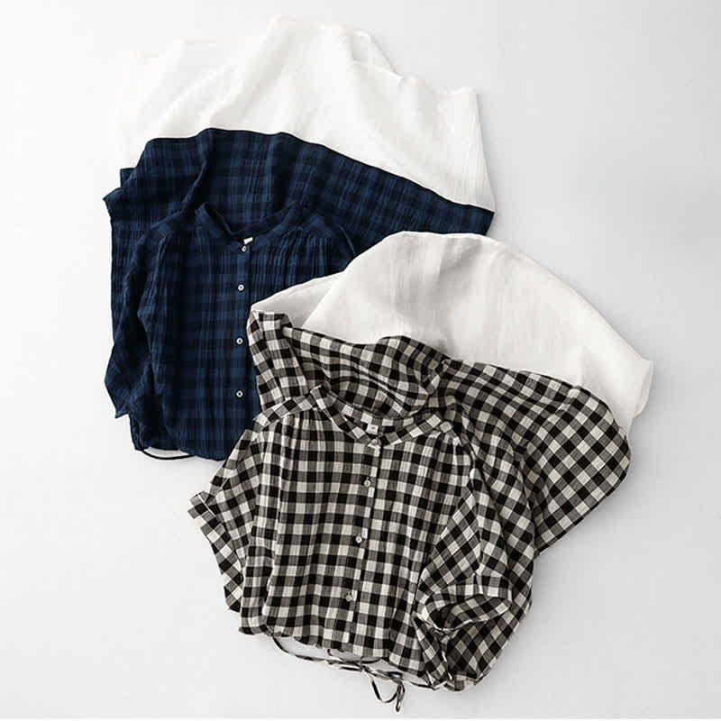 Buddha Stones Spring Gingham Knee Length Women's Short Sleeve Dress With Tie Waist Chiffon Hem
