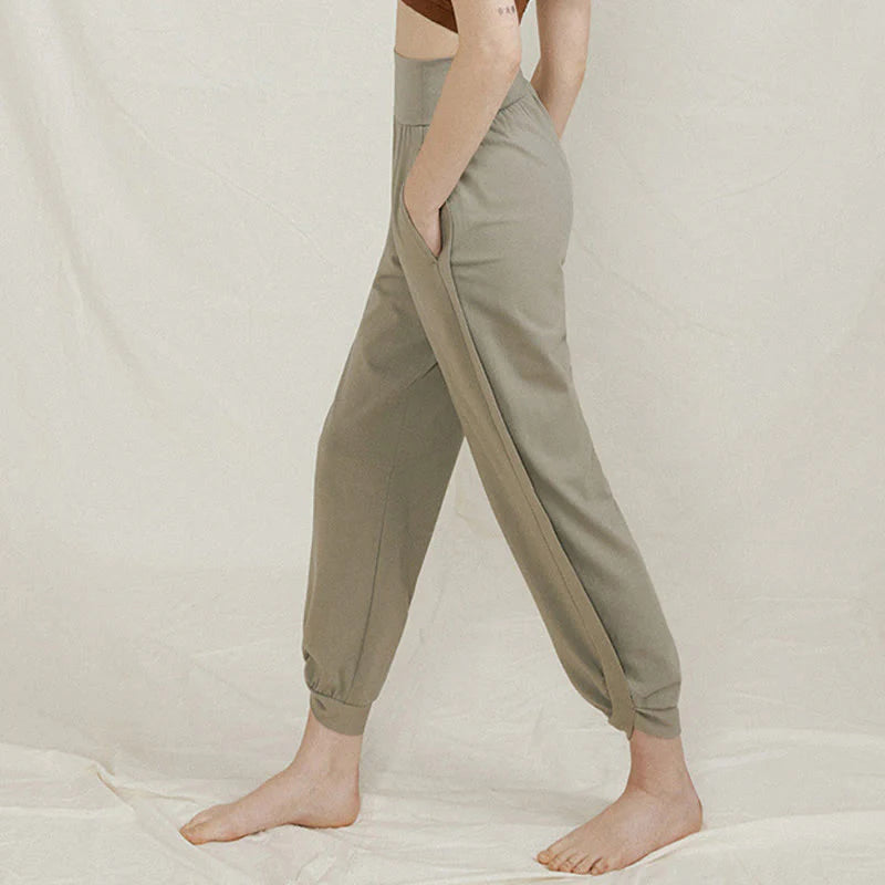 Buddha Stones Casual Plain High Waist Side Fold Quick Drying Women's Cotton Pants With Pockets