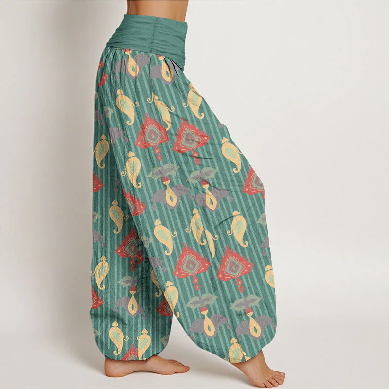 Buddha Stones Pure Cotton Triangle Flame Geometric Shapes Feather Women's Elastic Waist Harem Pants