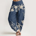 Buddha Stones Cotton Retro Simple Flowers Leaves Pattern Women's Elastic Waist Harem Pants