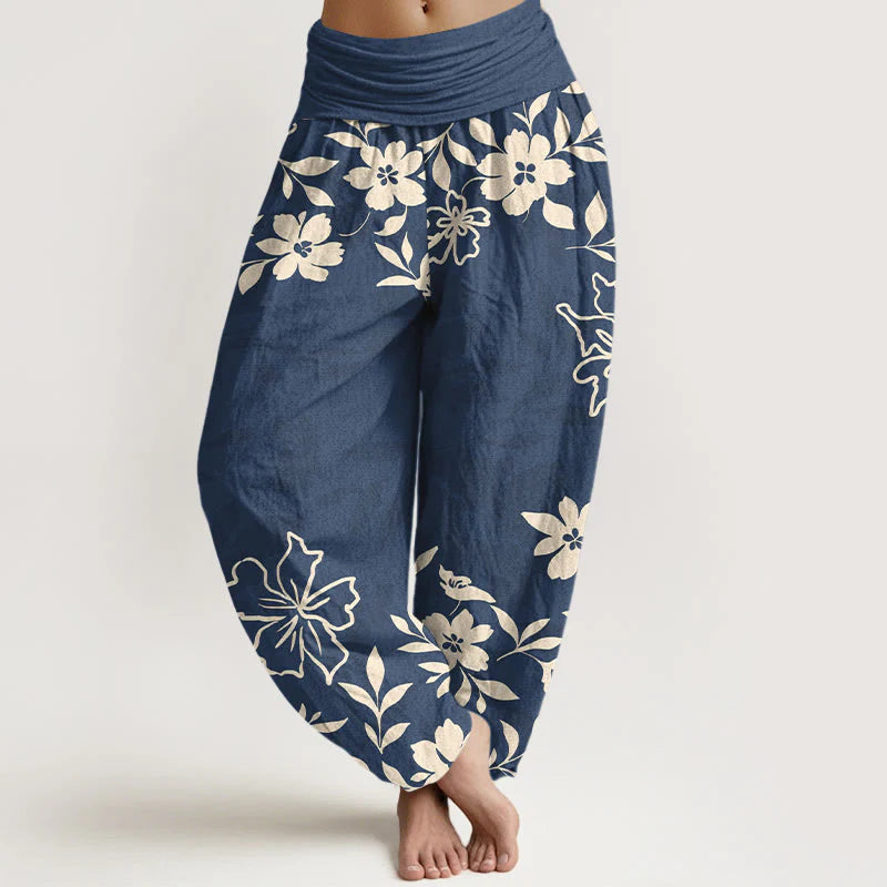 Buddha Stones Cotton Retro Simple Flowers Leaves Pattern Women's Elastic Waist Harem Pants