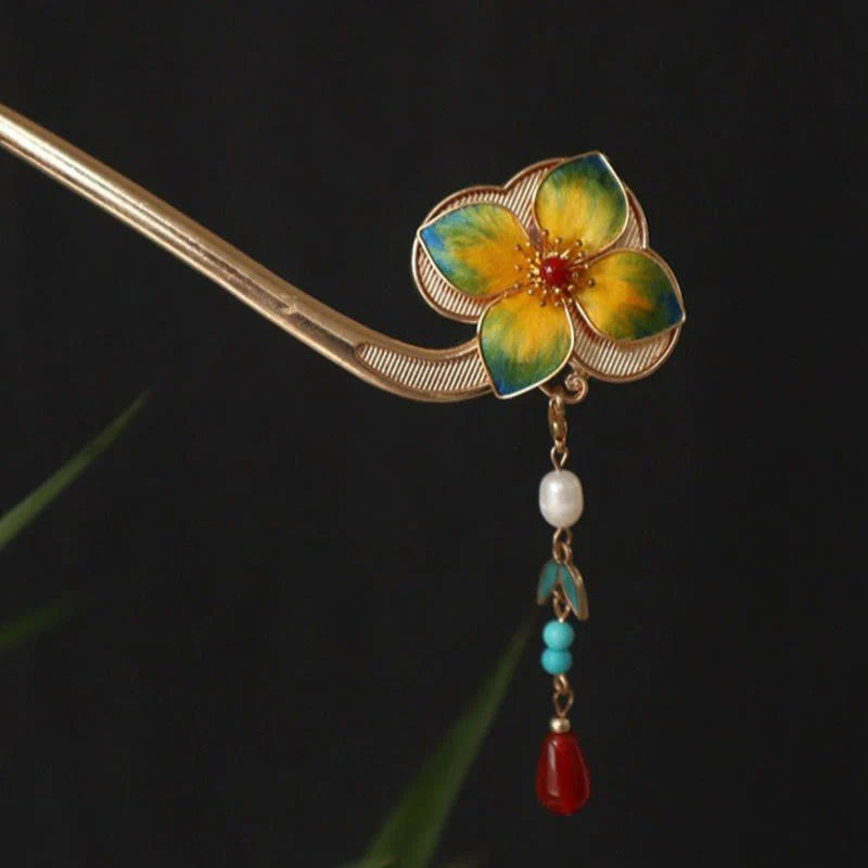 Buddha Stones Red Agate Turquoise Bead Calm Confidence Velvet Flower Tassel Hairpin