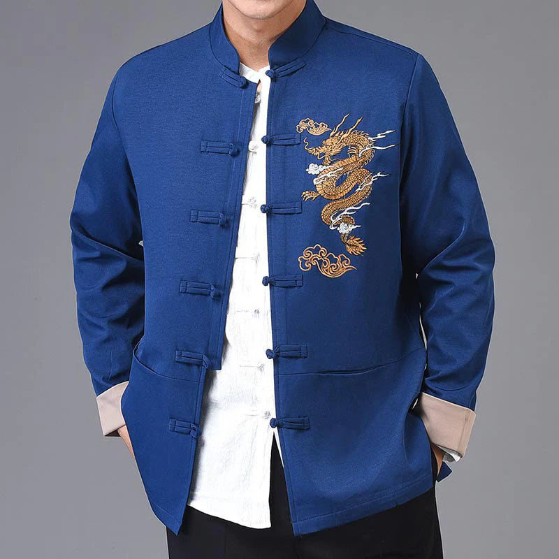 Buddha Stones Embroidery Dragon Frog-Button Desgin Long Sleeve Men's Jacket