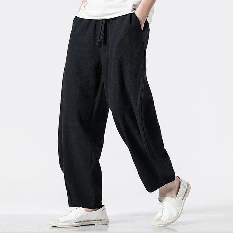 Buddha Stones Drawstring Elastic Waist Ankle-Length Men's Cotton Pants With Pockets