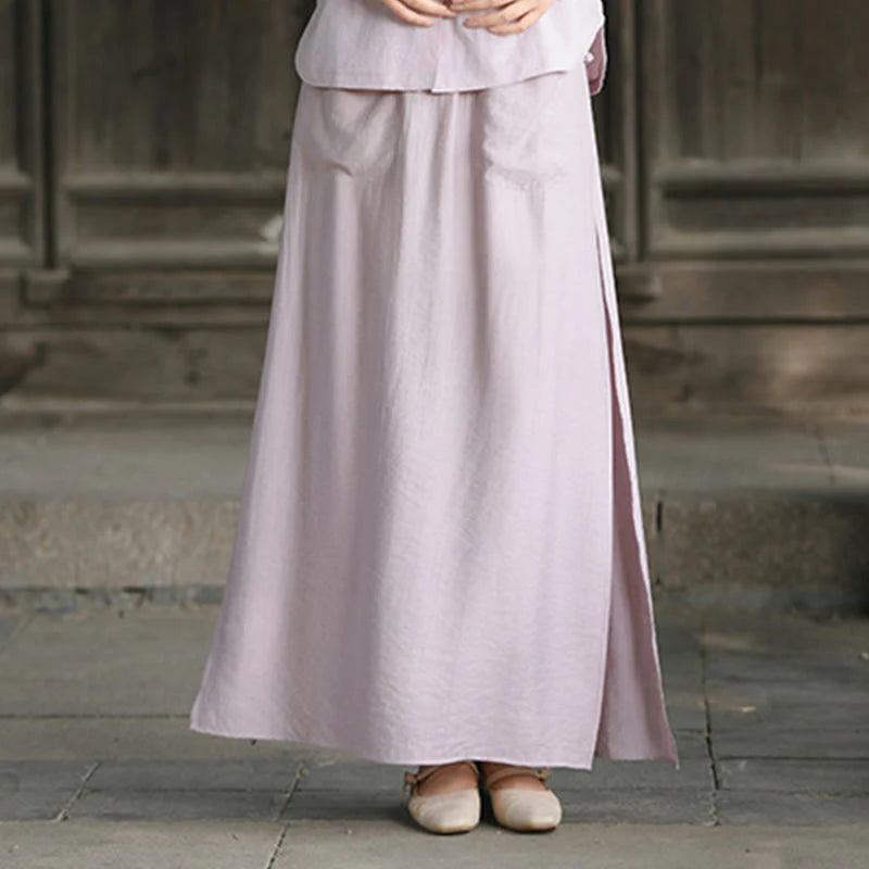 Buddha Stones Solid Color Hem Slit Design Women's Skirt Pants With Pockets